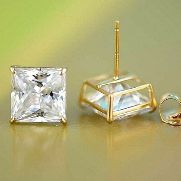 14k Yellow Gold Heavy Basket Princess Cut White Cubic Zirconia Stud Earrings 3mm - Picture 9 of 10